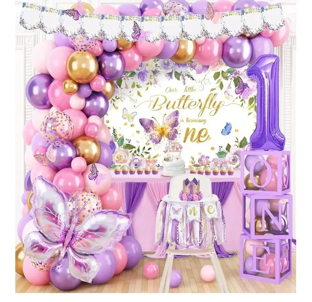 Butterfly First Birthday Décor Pink Purple Boxes Backdrop Arch